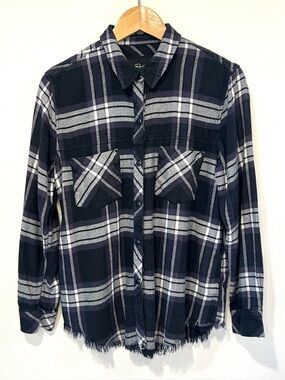 Rails Leo Black Ash White Plaid Flannel Button Down Shirt Frayed Hem Size M